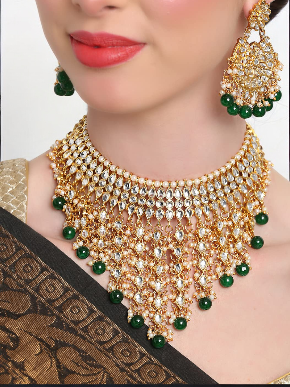 Green Gold Plated Necklace Kundan Jewellery Set, Pearl Necklace Chandbali set, Mangtika Set, Bridal Wedding Jewelry, Bollywood Jewelry set, Indian Earring Set, Pakistani Necklace Earring Mangtika Set