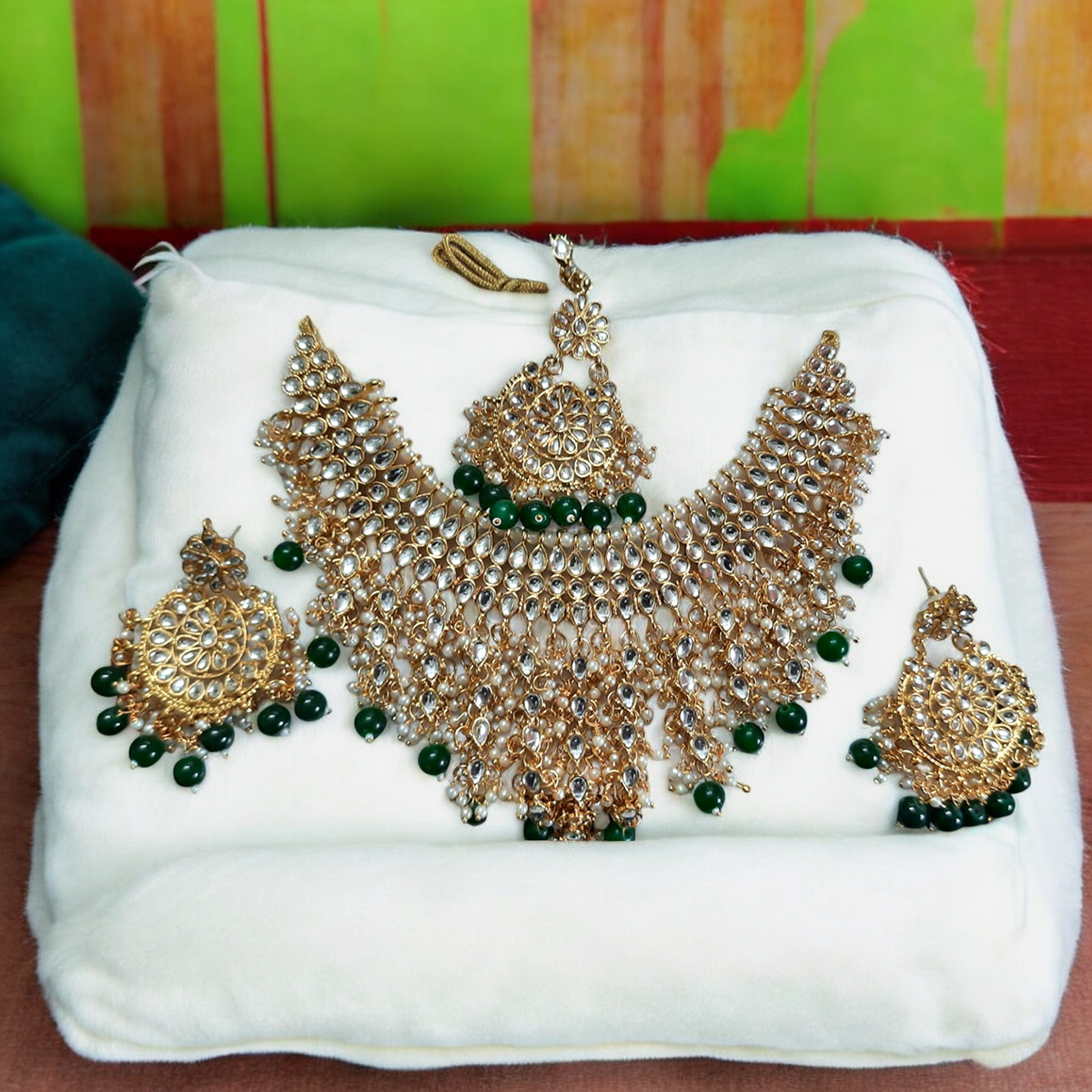 Green Gold Plated Necklace Kundan Jewellery Set, Pearl Necklace Chandbali set, Mangtika Set, Bridal Wedding Jewelry, Bollywood Jewelry set, Indian Earring Set, Pakistani Necklace Earring Mangtika Set