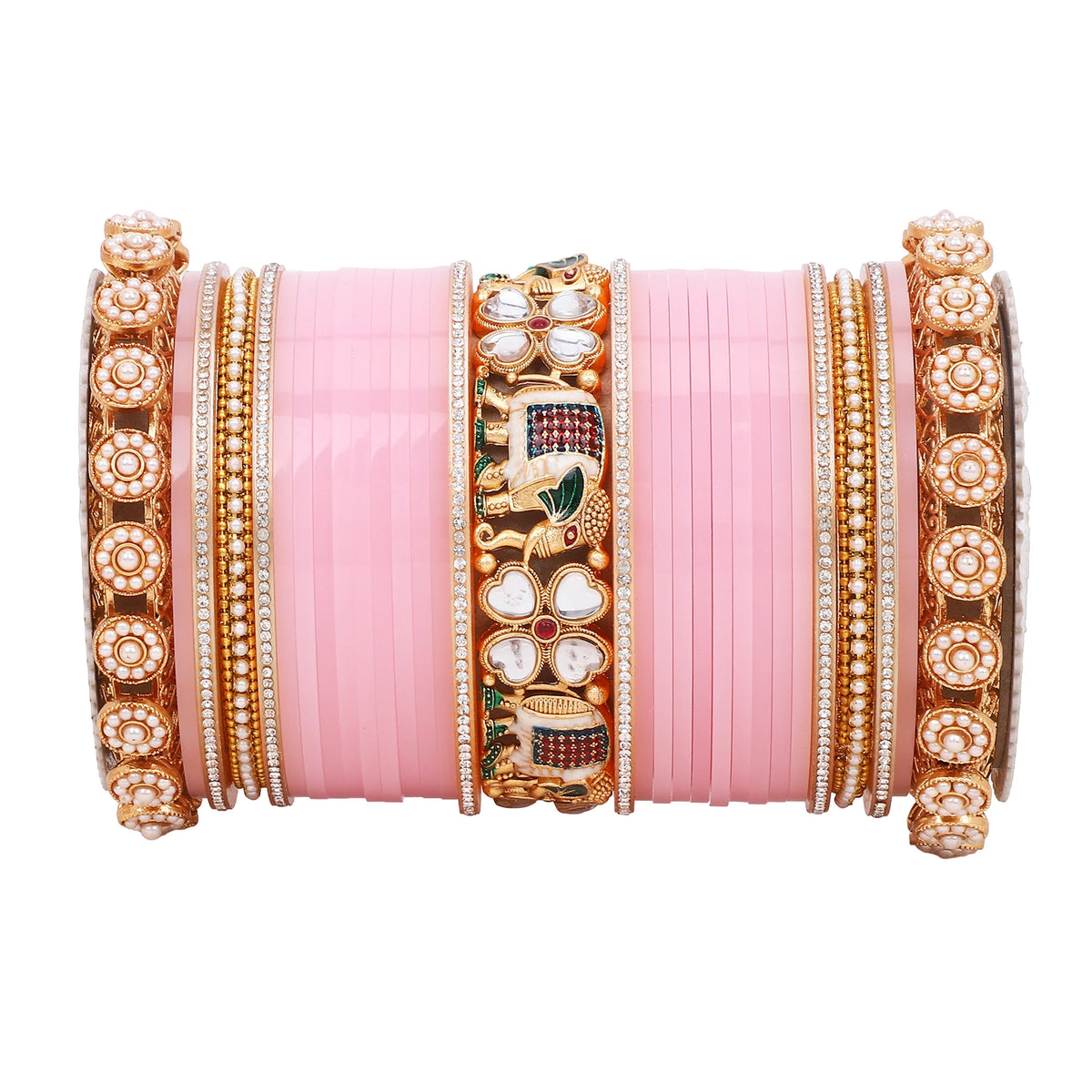 Bridal Chura with Pastel Colours & Kundan Elephant Kada | Punjabi Wedding Bangles Set | Indian Bridal Jewelry