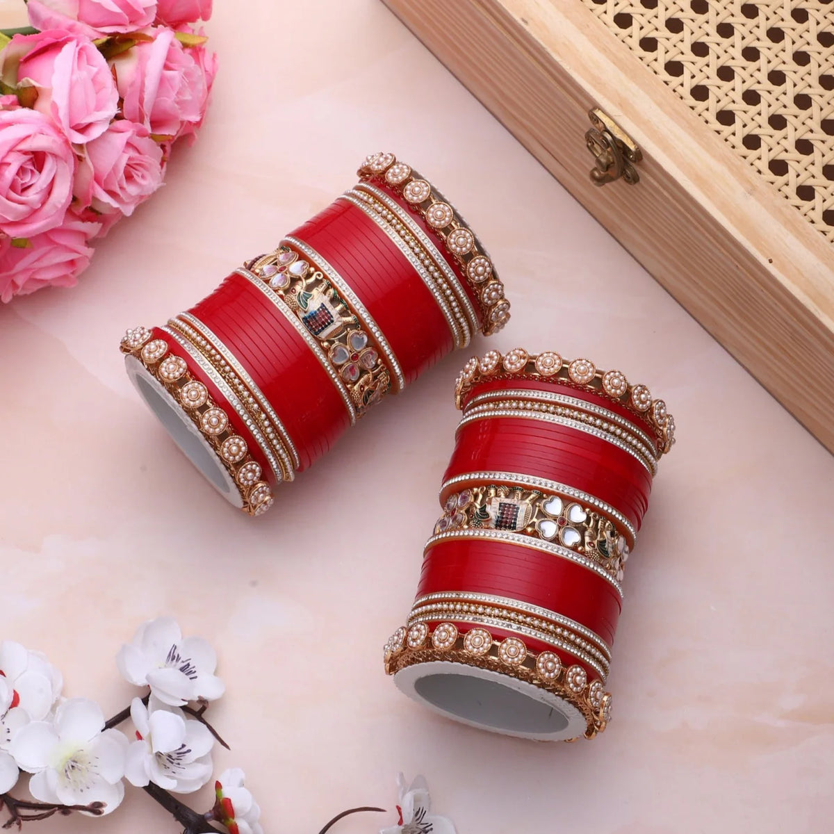 Bridal Chura with Pastel Colours & Kundan Elephant Kada | Punjabi Wedding Bangles Set | Indian Bridal Jewelry