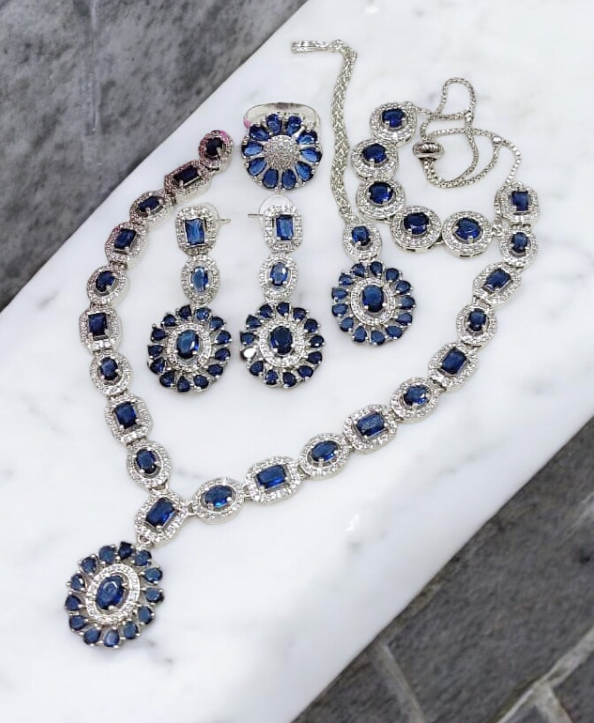 Sapphire AD Necklace Earrings Set With Maangtika Bracelet, Gemstone Bridal Jewelry, AD Necklace, CZ Mangtika, AD Bracelet Bridal Necklace, Bollywood Jewelry, AD Earring Set