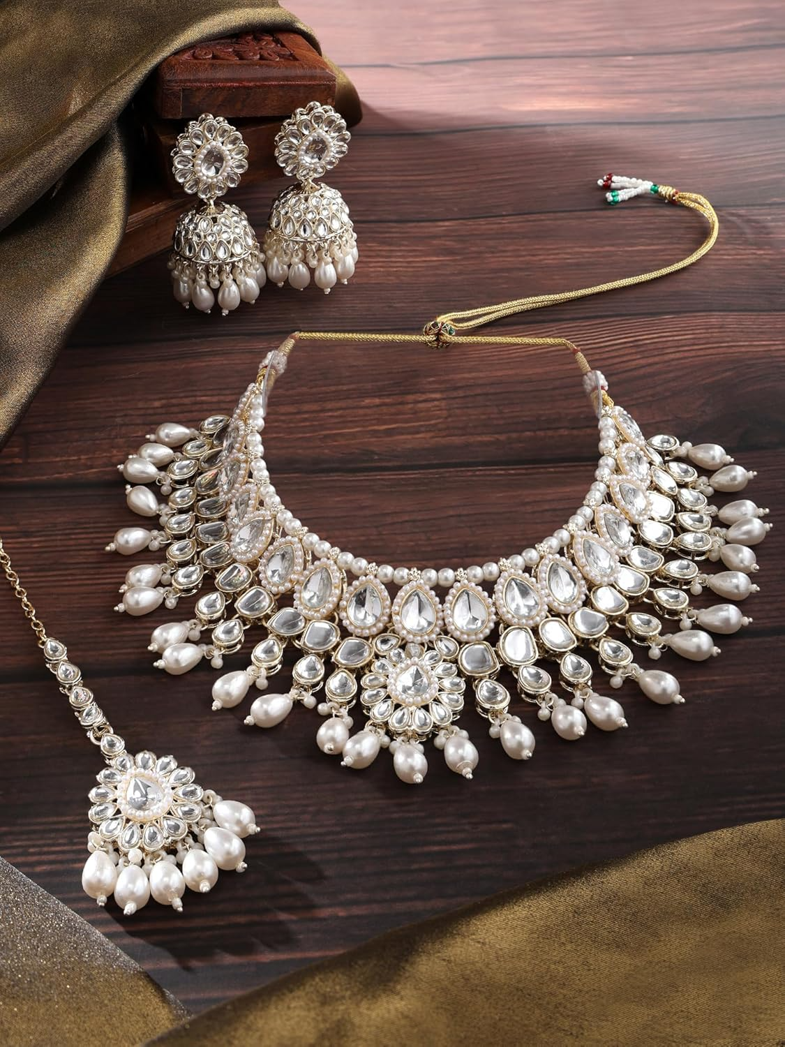 Bridal Engagement Pearl Kundan Choker With Jhumka Maangtika Set, Pearl Jhumka, Kundan Jhumka, Pearl Necklace, Bridal Mangtika Set, Indian Jewelry Set, Pakistani Necklace Set, Weddding Jewelry Set