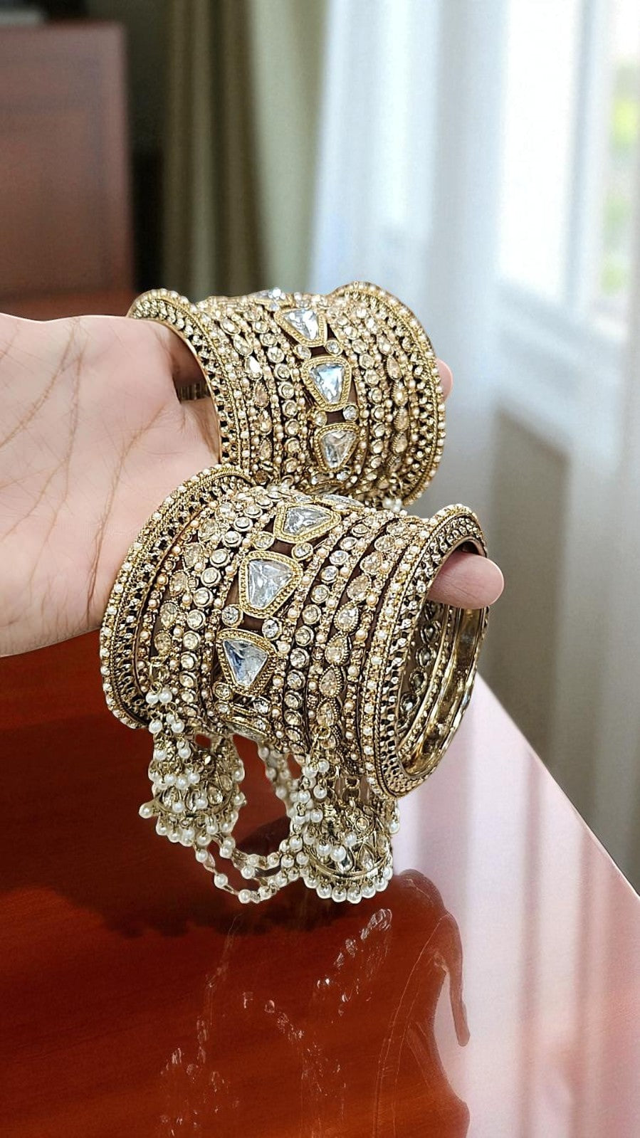 Star Kundan Stone Jhumki Bangles Set Bridal Chura with Hanging Pearls & Golden Finish