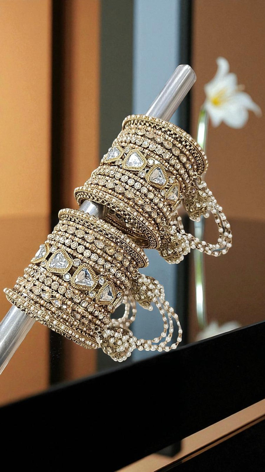 Star Kundan Stone Jhumki Bangles Set Bridal Chura with Hanging Pearls & Golden Finish