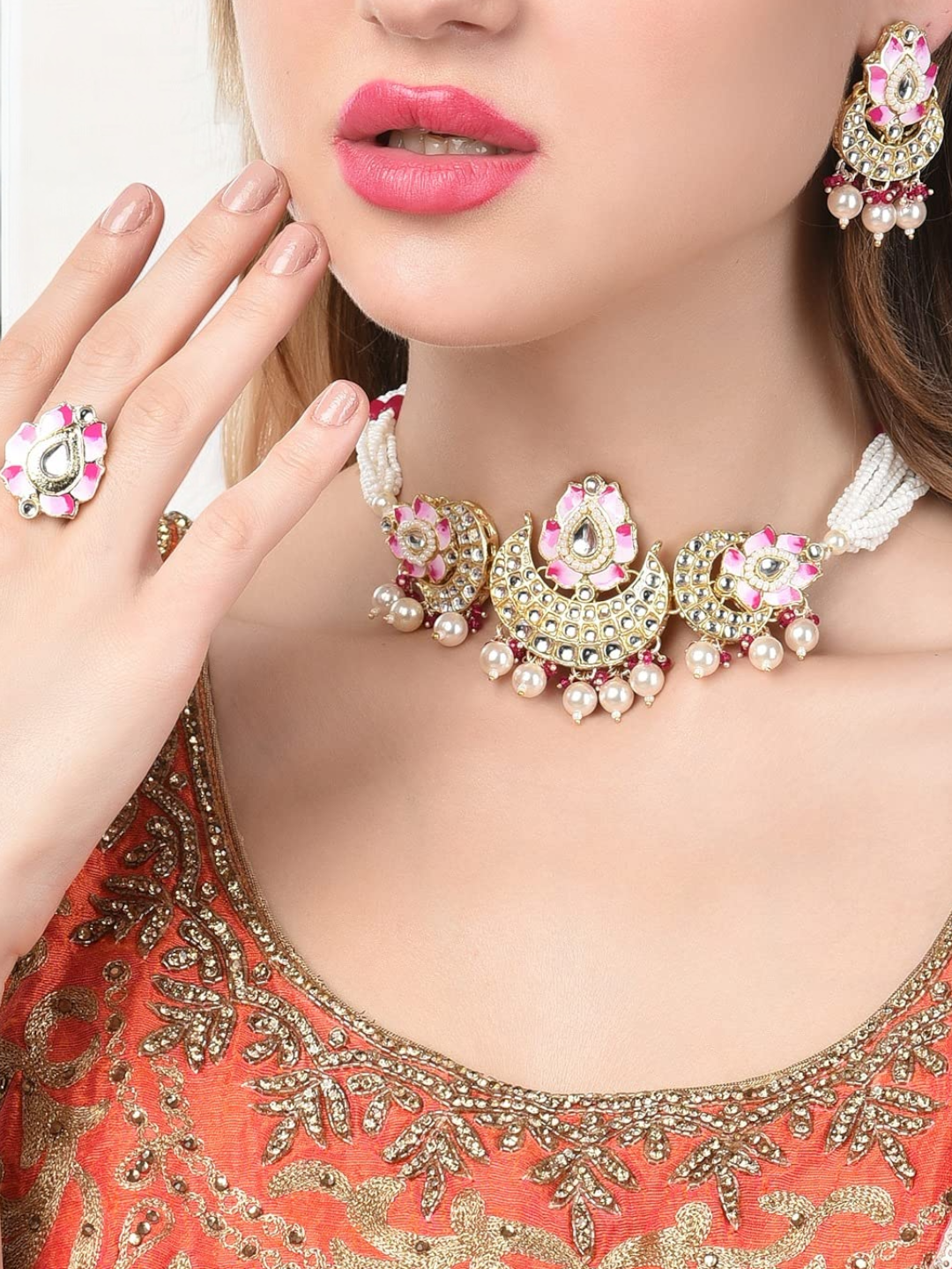 Meenakari Lotus Indian Necklace Earring Ring Set, Meenakari Bridal Jewellery, Meenakari Pearl Necklace Earrings Set, Indian Lotus Jewelry Set, Bridal Necklace Ring Set, Pearl Ring Set, Bridal Jewelry