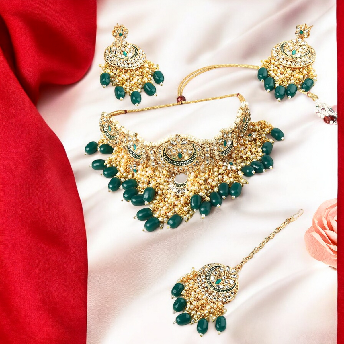 Green Pakistani Pearl Choker Kundan Earring With Mangtika Set, Green Choker, Pakistani Choker Kundan Set, Pearl Bridal Jewellery Set, Indian Kundan Jewelry Set, Bollywood Necklace Mangtika Set