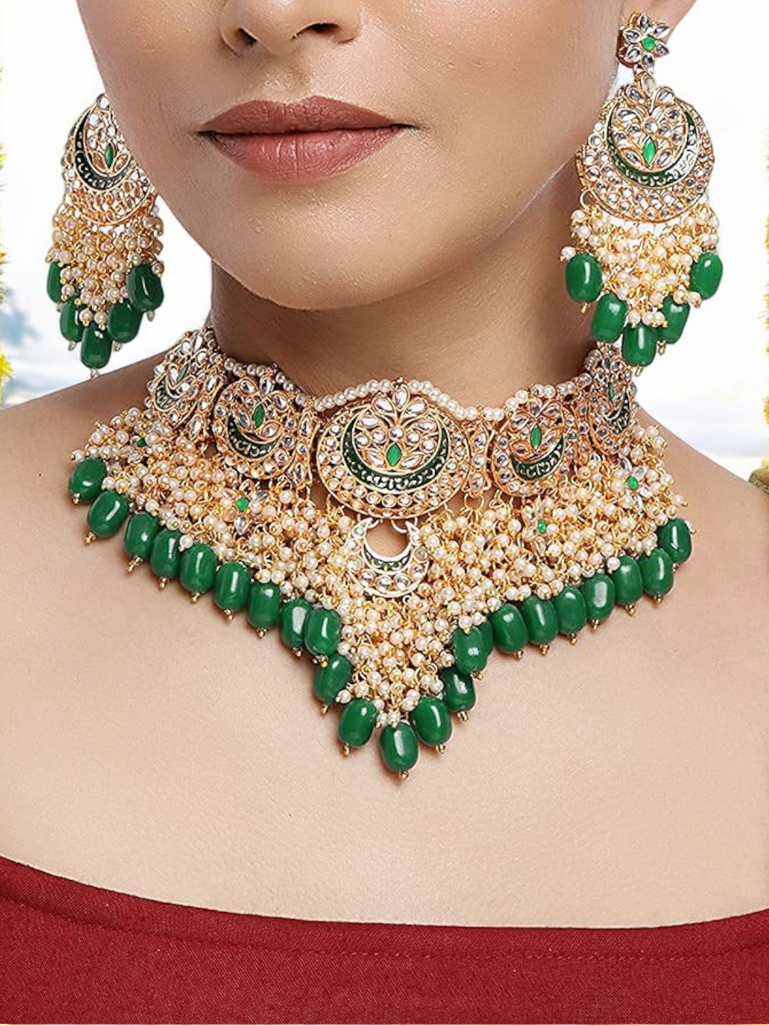 Green Pakistani Pearl Choker Kundan Earring With Mangtika Set, Green Choker, Pakistani Choker Kundan Set, Pearl Bridal Jewellery Set, Indian Kundan Jewelry Set, Bollywood Necklace Mangtika Set