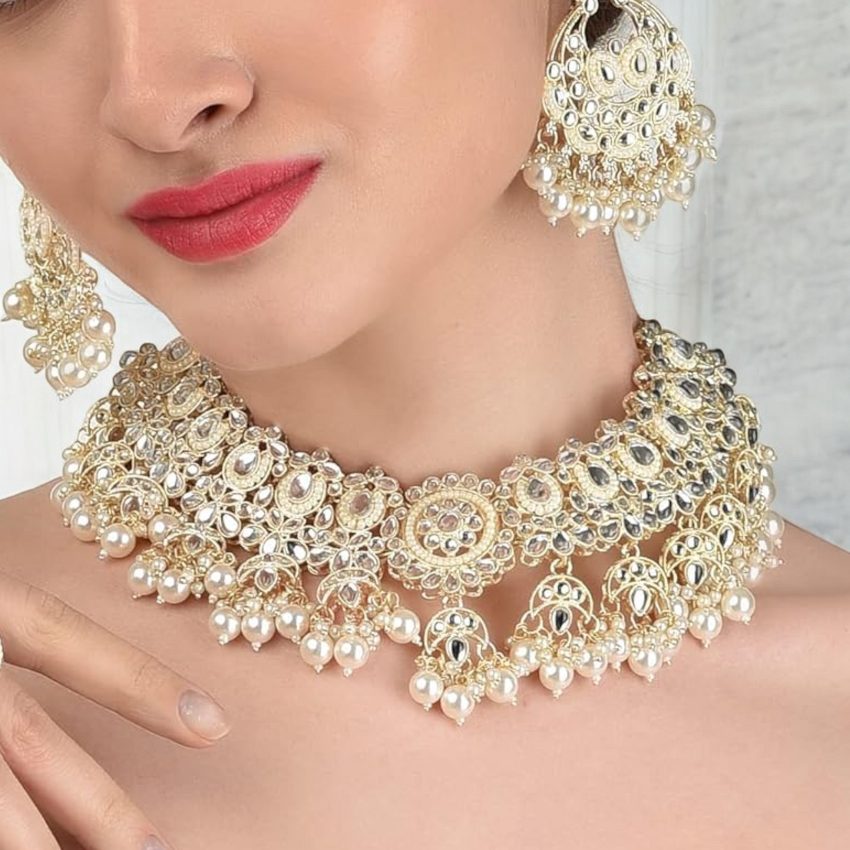 Gold Kundan Bridal Choker Necklace With Pearl Earrings, Kundan Choker Necklace, Pearl Earrings Set, Indian Kundan Jewelry, Bridal Kundan Jewellery Set, Bollywood Pearl Necklace Earrring Set, Choker Set