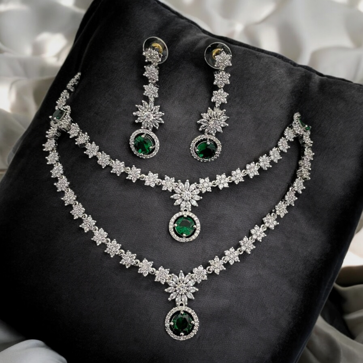 Layered Indian CZ Bridal Necklace Earrings Set, Indian CZ Jewelry, Pakistani AD Jewelry, Bridal Jewellery Set, Weding AD Necklace, Bollywood AD Earrings Set, Indian AD Jewelry Sey