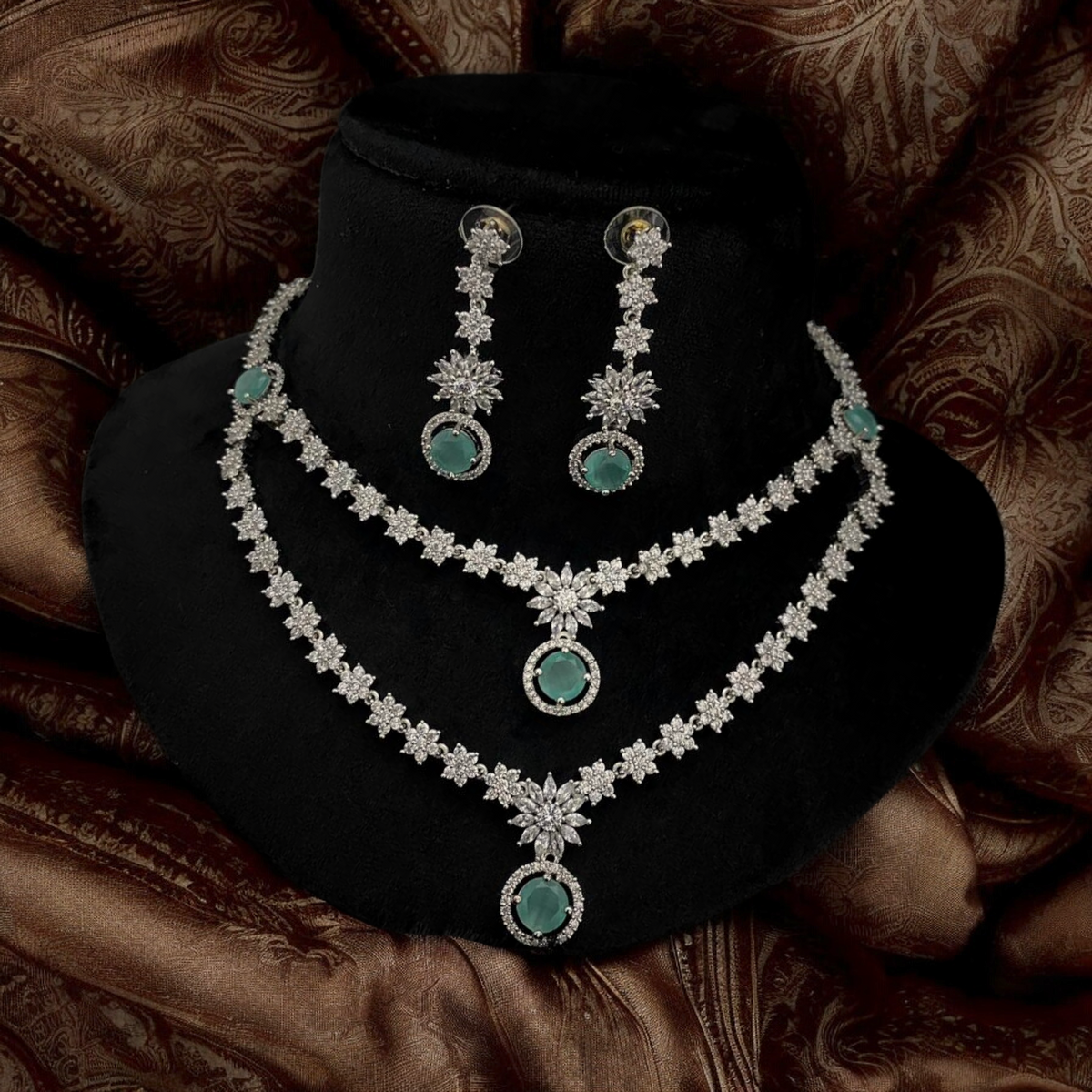 Layered Indian CZ Bridal Necklace Earrings Set, Indian CZ Jewelry, Pakistani AD Jewelry, Bridal Jewellery Set, Weding AD Necklace, Bollywood AD Earrings Set, Indian AD Jewelry Sey