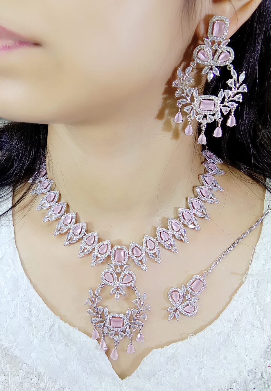 Necklace Earrings Maangtika AD Set, AD Jewellery Set–