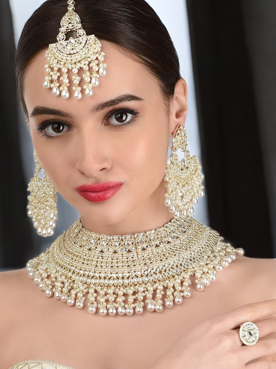 Gold Tone Pearl Choker Necklace earrings Mangtika Ring Set, Bridal Pearl Jewelry Set, Wedding Necklace Ring Set, Mangtika Earrings Set, Bollywood Pearl Jewellery Set