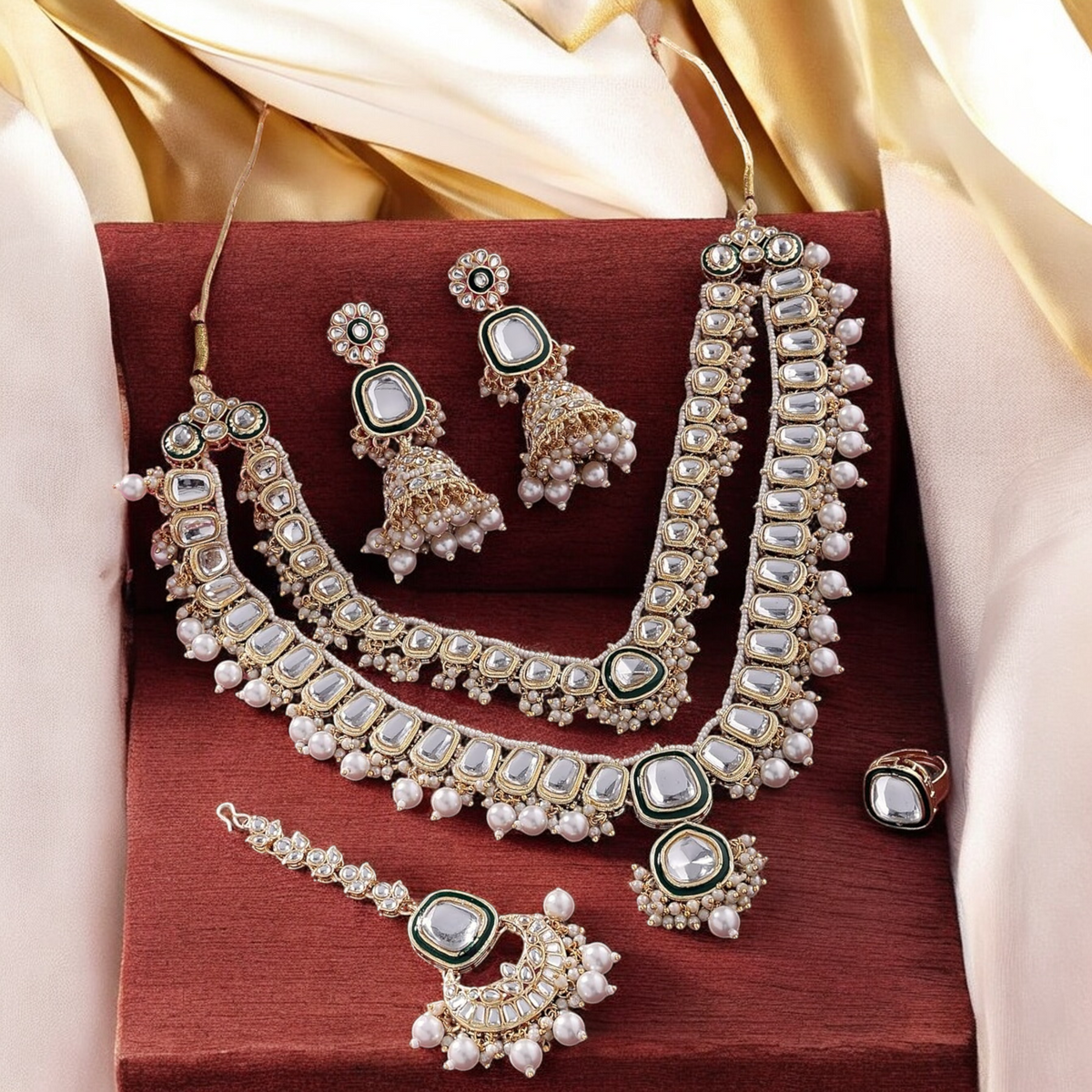 Layered Kundan Pearl Bridal Necklace earrings Mangtika Ring Set, Pakistani Pearl jewelry, Kundan Necklace Set, Earrings Kundan, Weddings Kundan Jewelry Set