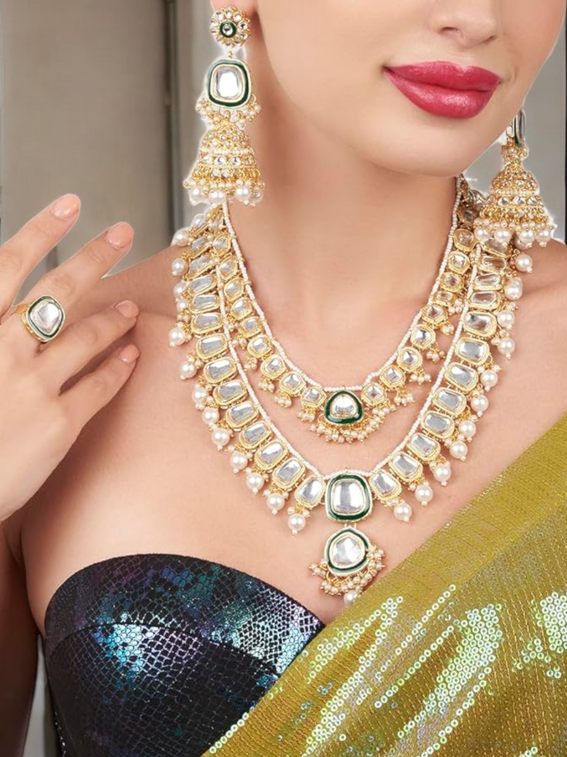 Layered Kundan Pearl Bridal Necklace earrings Mangtika Ring Set, Pakistani Pearl jewelry, Kundan Necklace Set, Earrings Kundan, Weddings Kundan Jewelry Set