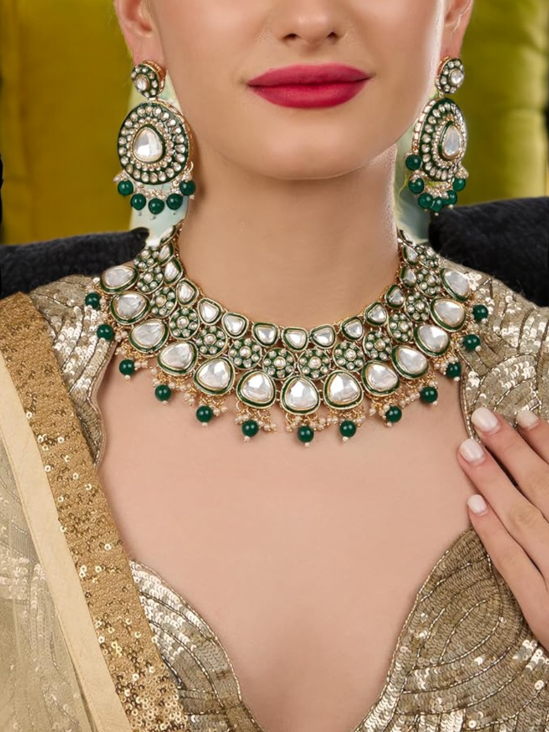 Green Stone Beads Kundan Necklace Earring Maangtika, Indian Pearl Choker Set, Earrings Maangtika Set, Pakistani Jewellery Set, Indian Pearl Kundan jewelry Set