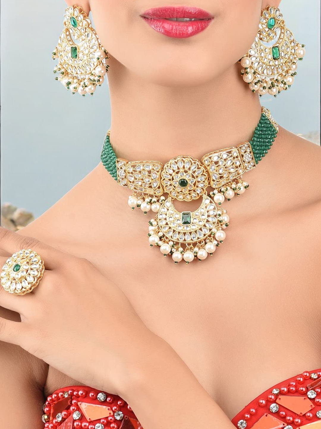 Green Crystal Kundan Choker Earrings Ring Set, Indian Crystal Jewelry, Pakistani Jewelry, Kundan Necklace, bridal Kundan ring