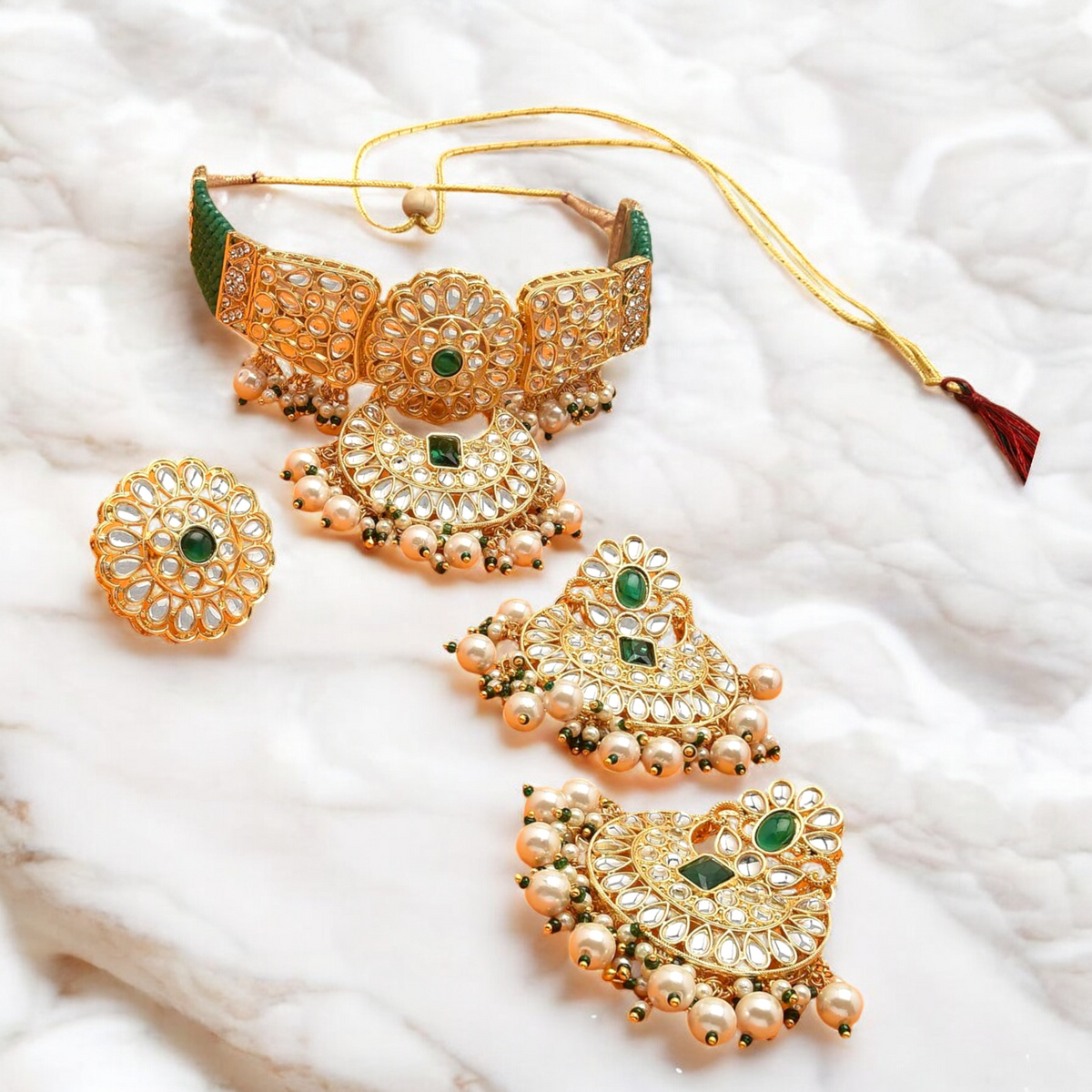 Green Crystal Kundan Choker Earrings Ring Set, Indian Crystal Jewelry, Pakistani Jewelry, Kundan Necklace, bridal Kundan ring