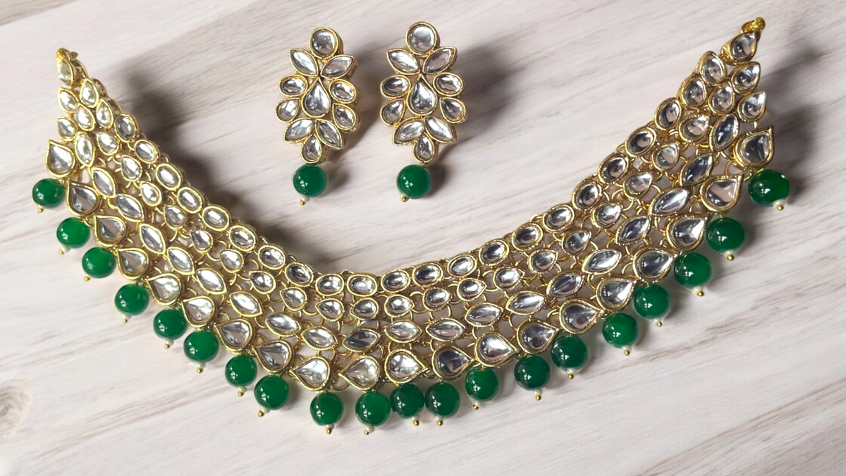 Green Kundan Stylish Choker Pearl Earrings Set, Pearl Bridal Choker, Pearl Earings Set, Bollywood Necklace Earrings, Pakistani Kundan Necklace Set, Earings For Bridal, Jewellery Set