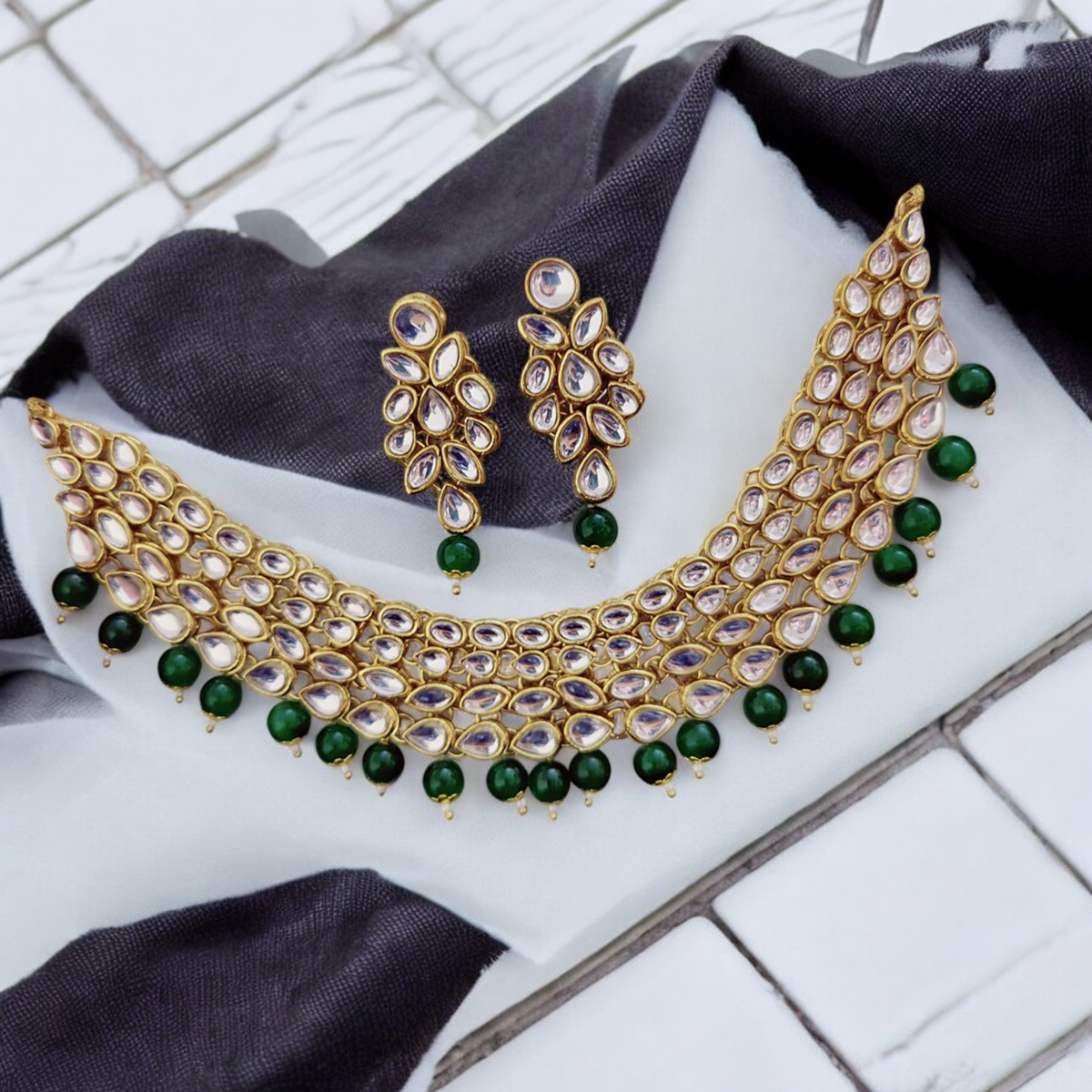 Green Kundan Stylish Choker Pearl Earrings Set, Pearl Bridal Choker, Pearl Earings Set, Bollywood Necklace Earrings, Pakistani Kundan Necklace Set, Earings For Bridal, Jewellery Set