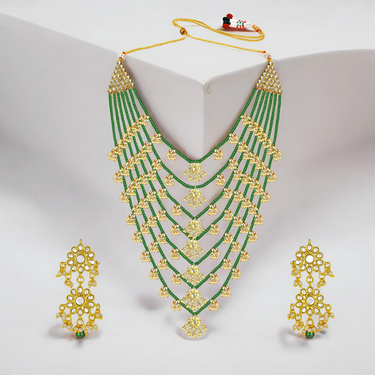 Floral Multi Layered Gold-Plated & Green Stone-Studded Jewellery Set