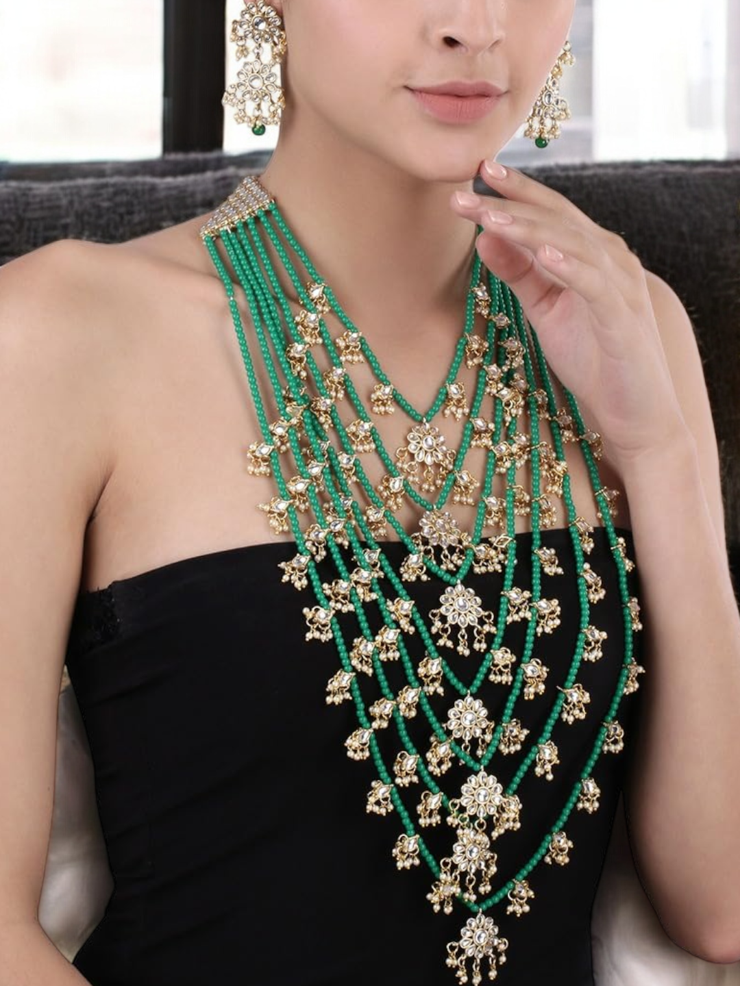 Floral Multi Layered Gold-Plated & Green Stone-Studded Jewellery Set