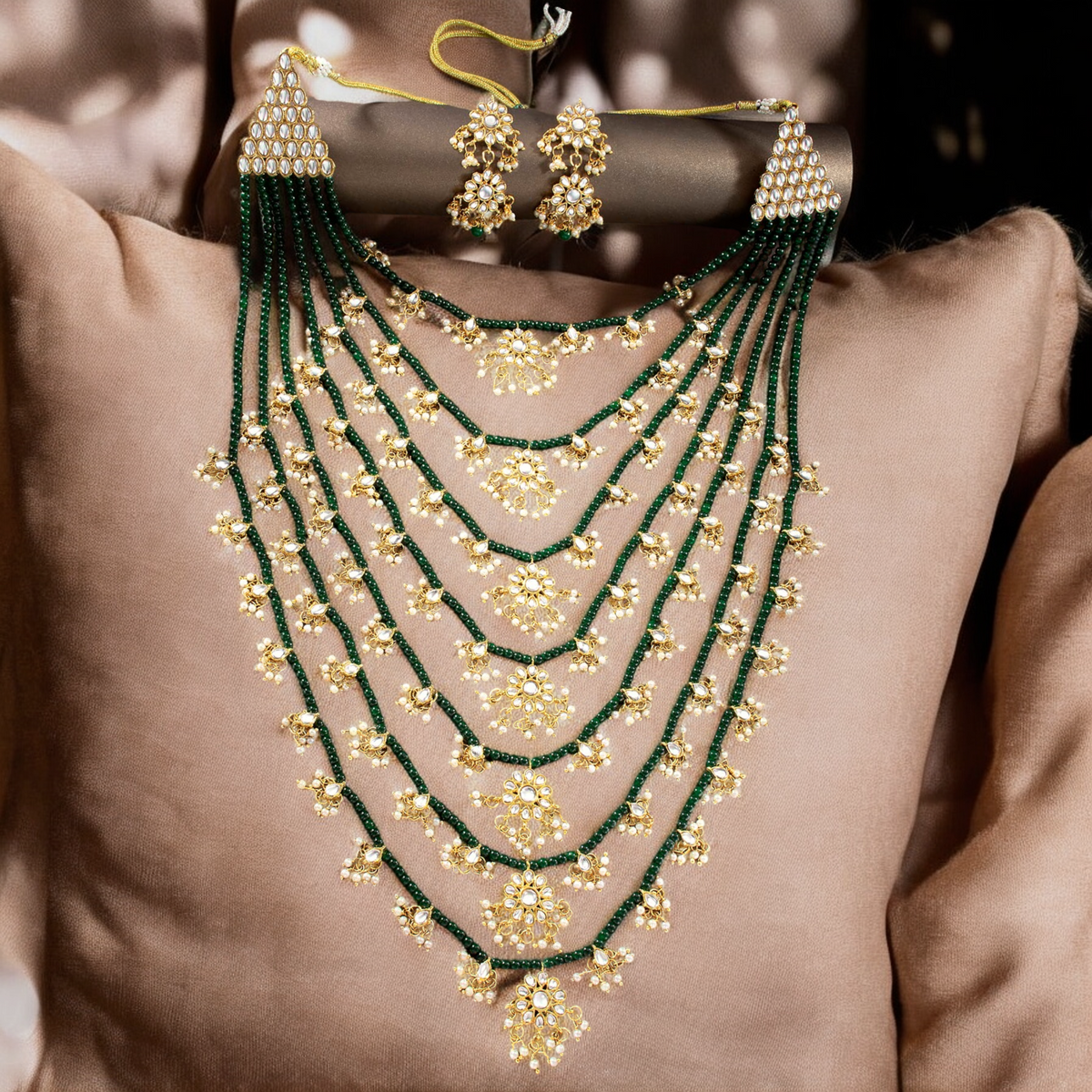 Floral Multi Layered Gold-Plated & Green Stone-Studded Jewellery Set