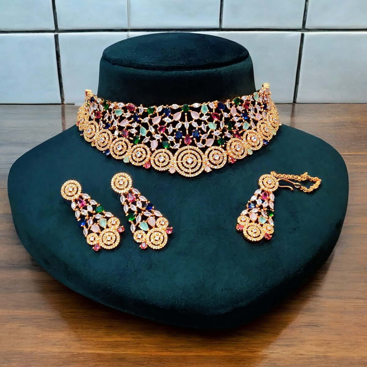 Pakistani Wedding CZ Choker AD Earrings Maangtika Set, Pakistani AD Jewellery Set, AD Jewellery Set, CZ Bridal Earrings Maangtika Set, AD Mangtika Choker Set, Bridal AD Jewelry