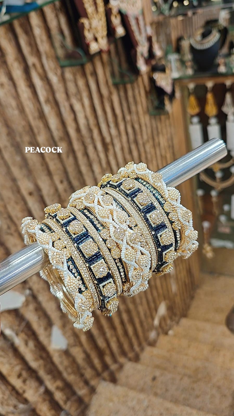 Stone Shadow Bangle Set with Moti Touch – Elegant Gold-Tone Traditional Jewelry