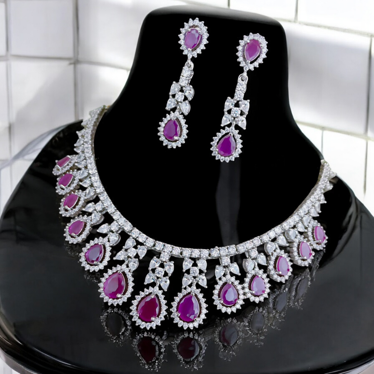 Silver Finish Cz Choker Earring Indian Jewelry Set, Silver AD jewelry, Silver finish Bridal Jewelry, AD Neckace, AD earrings Set, CZ Wedding Necklace, pakistani Choker