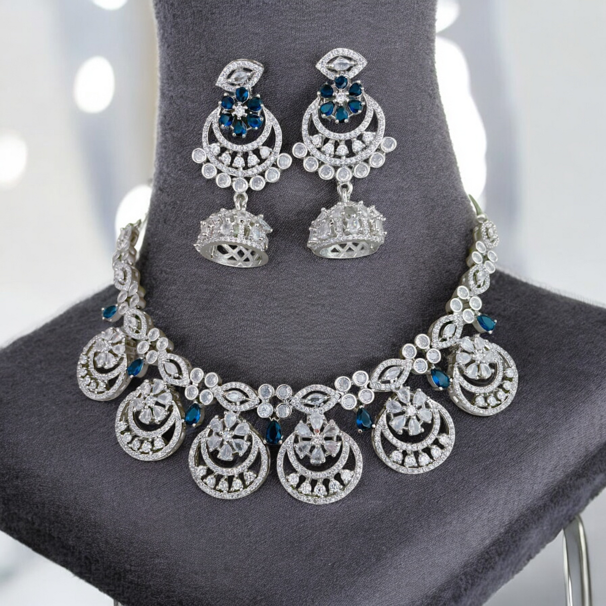 Shinning Accents AD Choker Jhumki Jewelry Set, AD Jhumki, CZ Jhumka, AD Necklace Jhumki set, Bridal Special Jewellery set, Best AD Jewelry, Bollywood CZ Choker Jhumki Set