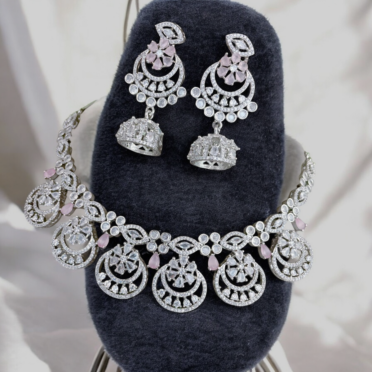 Shinning Accents AD Choker Jhumki Jewelry Set, AD Jhumki, CZ Jhumka, AD Necklace Jhumki set, Bridal Special Jewellery set, Best AD Jewelry, Bollywood CZ Choker Jhumki Set