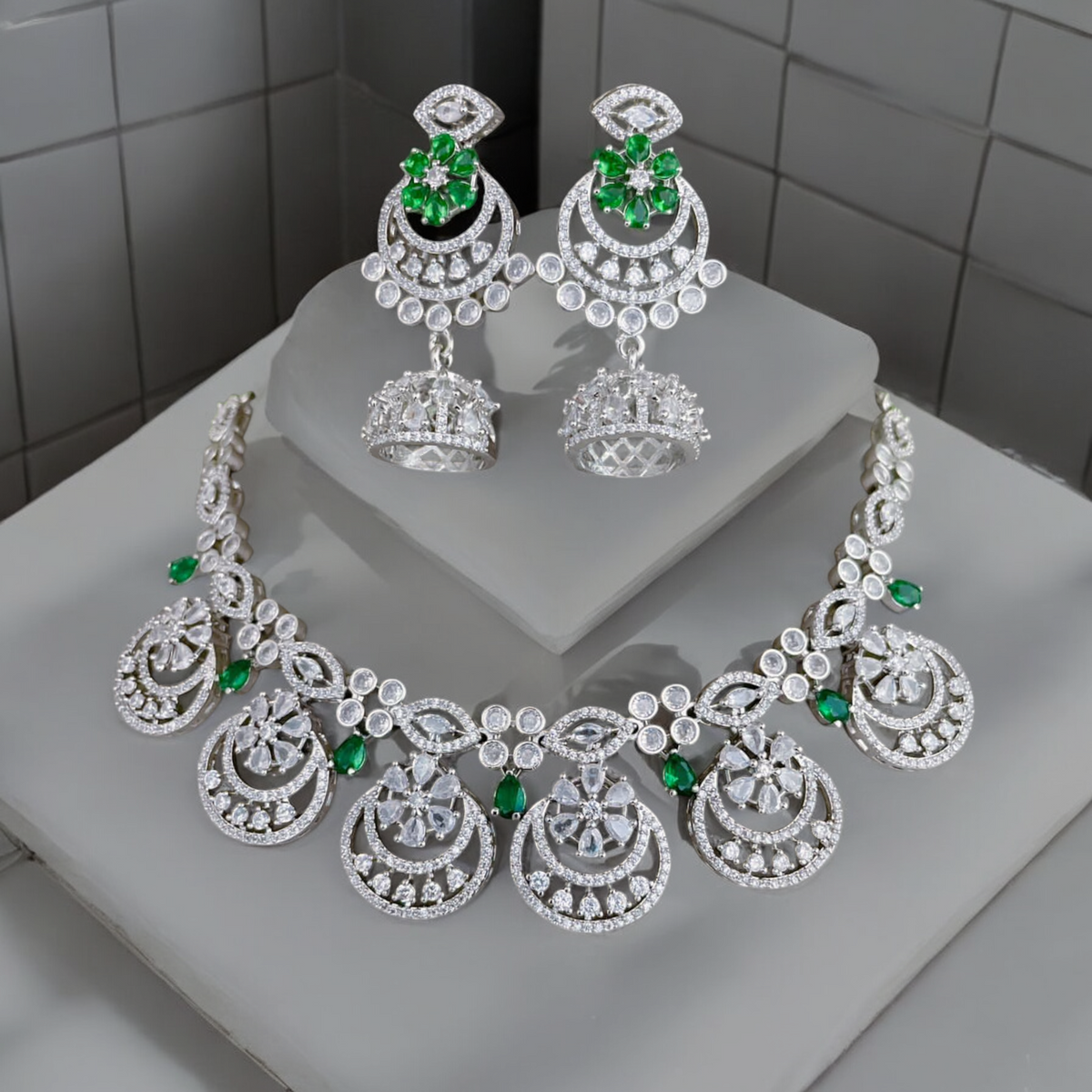 Shinning Accents AD Choker Jhumki Jewelry Set, AD Jhumki, CZ Jhumka, AD Necklace Jhumki set, Bridal Special Jewellery set, Best AD Jewelry, Bollywood CZ Choker Jhumki Set