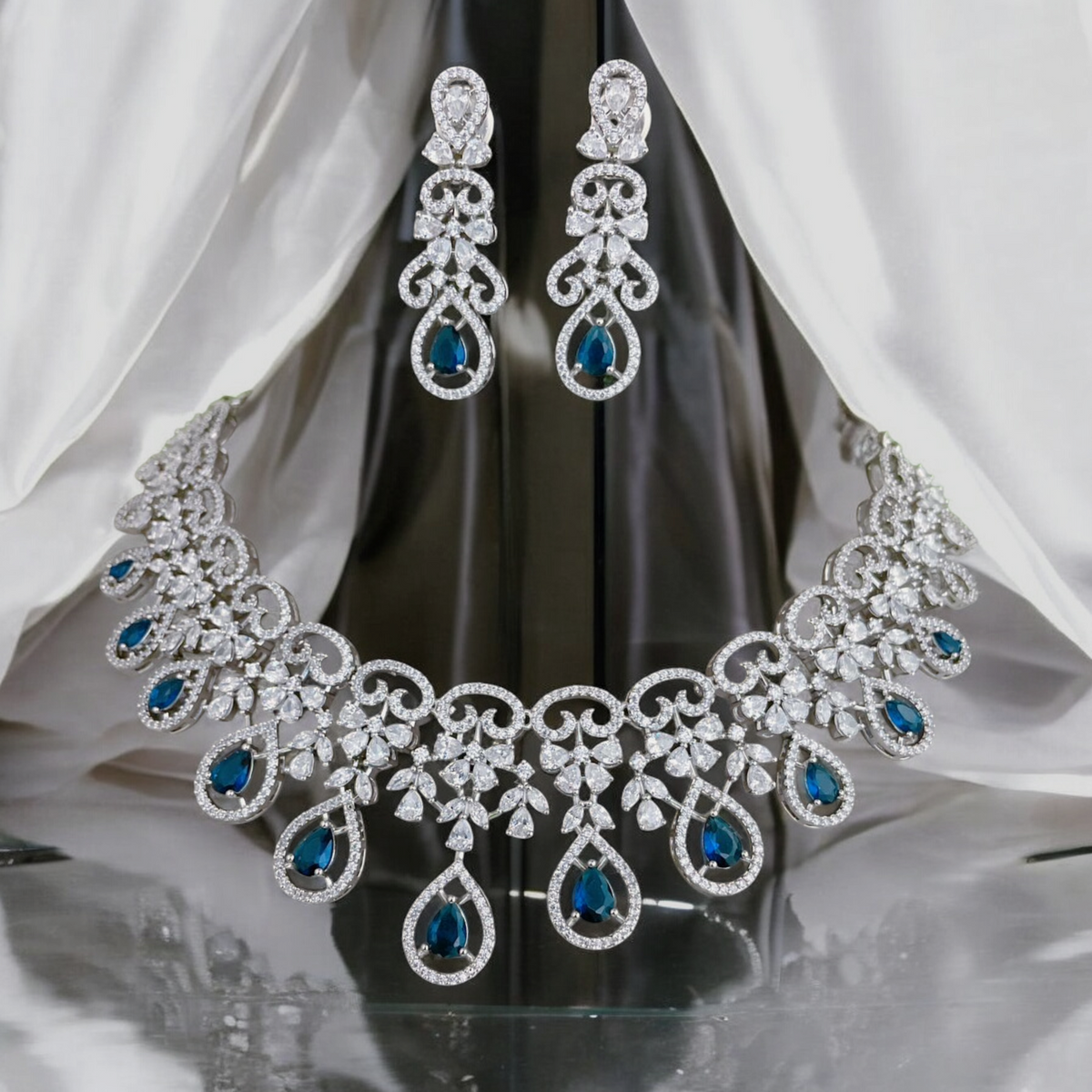 Luxurious Bridal AD Choker Earrings Indian Necklace Set, CZ Necklace Set, Blue Stones Set,Indian CZ Jewelry Set for Weddings, Premium CZ Bridal Jewelry