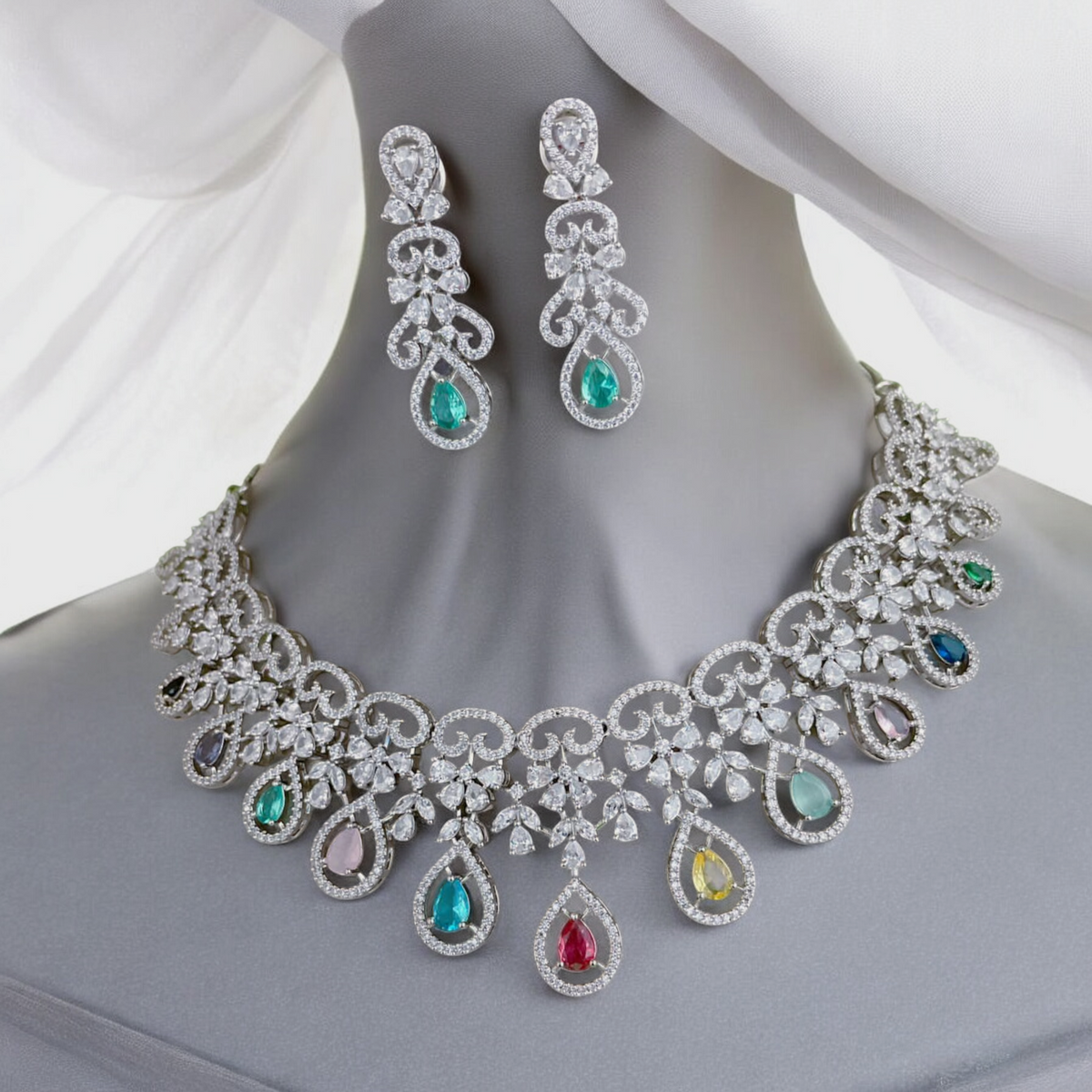 Luxurious Bridal AD Choker Earrings Indian Necklace Set, CZ Necklace Set, Blue Stones Set,Indian CZ Jewelry Set for Weddings, Premium CZ Bridal Jewelry