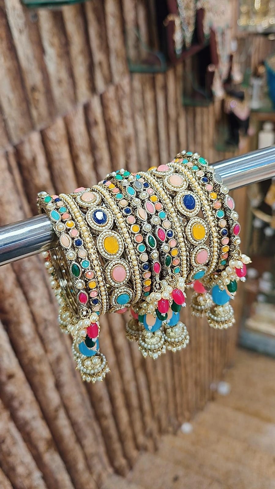 Royal Irani Multi-Stone Bangles Set with Moti Jhumar Design