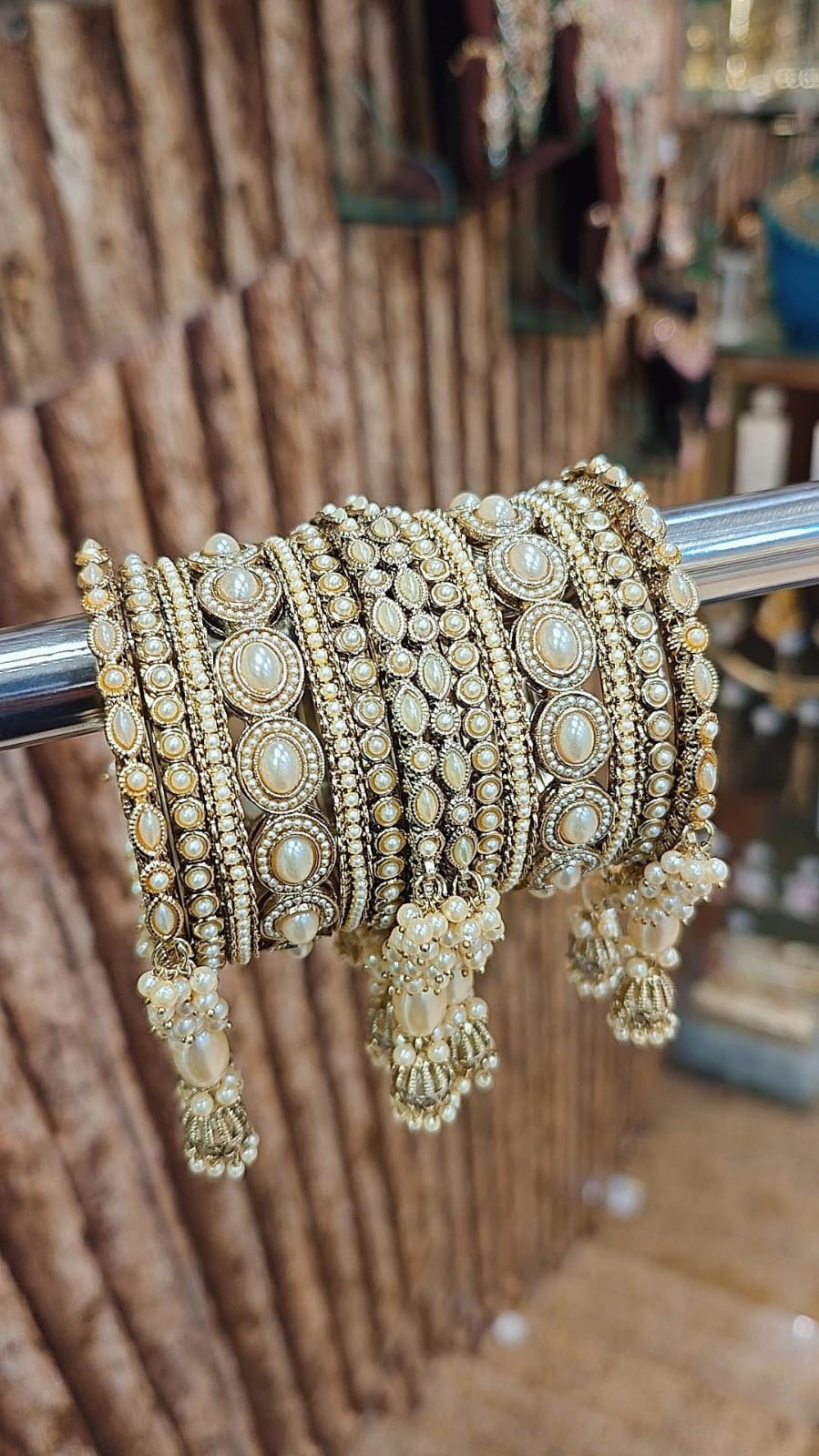 Royal Irani Multi-Stone Bangles Set with Moti Jhumar Design