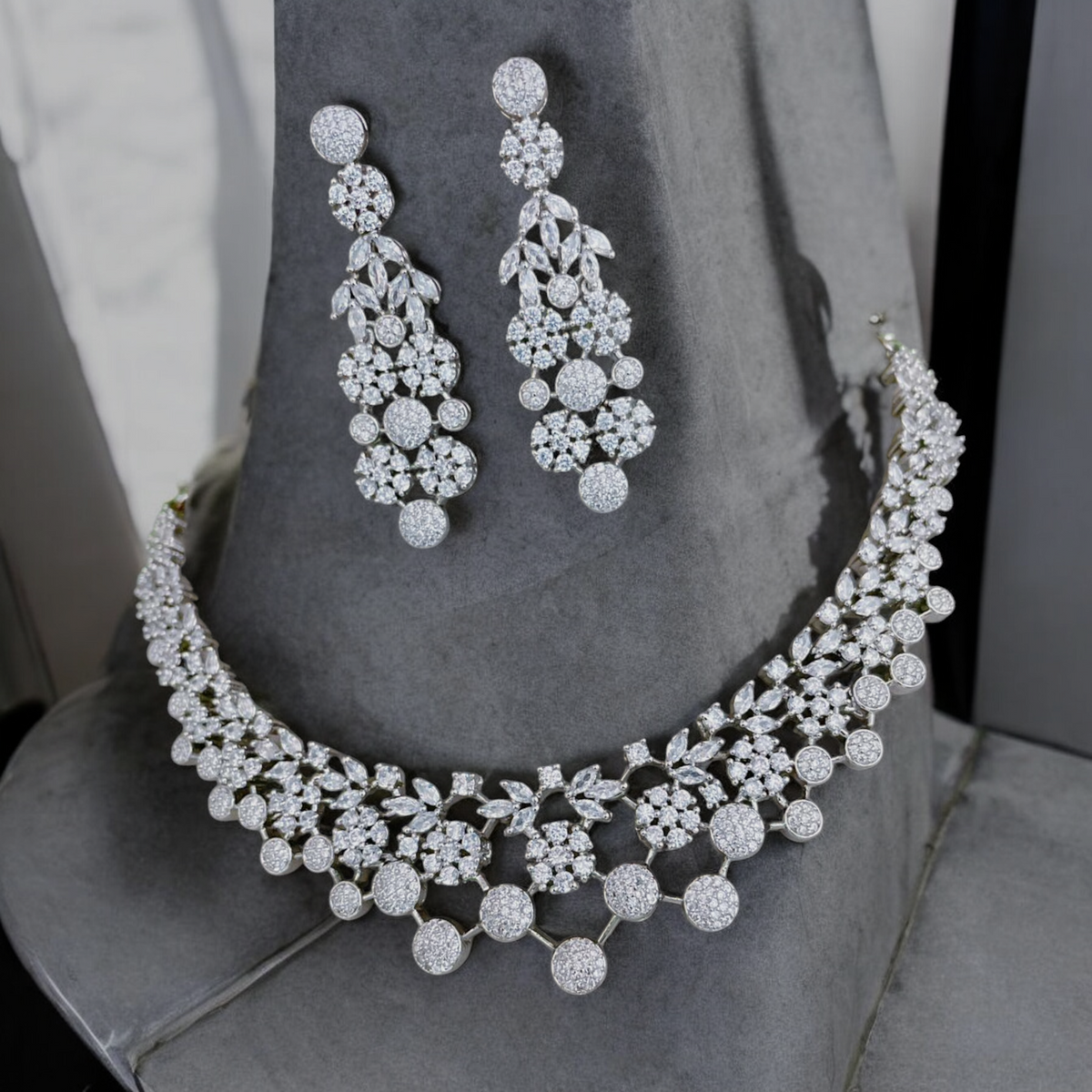 Beautiful Wedding Silver CZ Choker Earrings Set, AD Silver Choker, AD Silver Earrings, CZ Silver Jewellery, AD Jewelry set, AD choker, Pakistani CZ Necklace, Bollywood CZ earrings Set