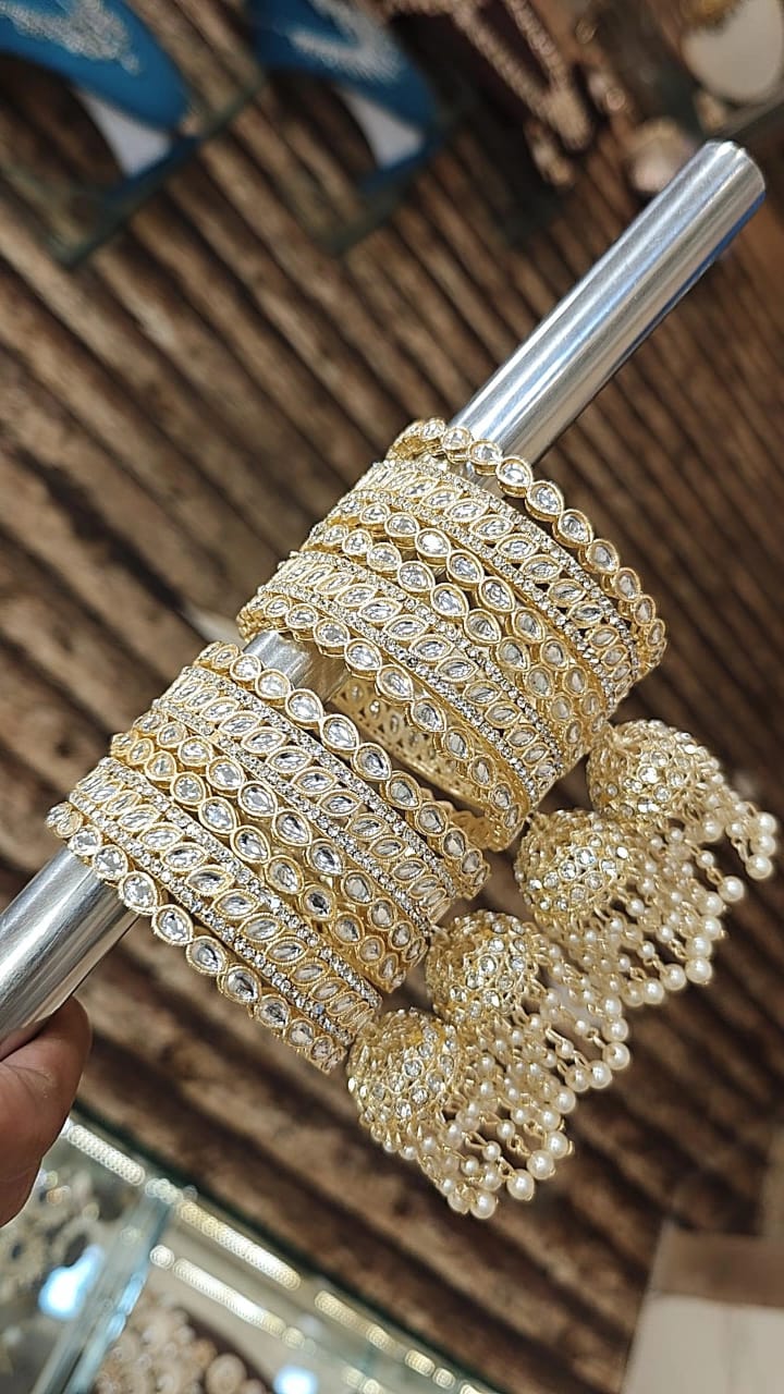 Royal Kundan Stone Bangles Set with Jhumar Kada – Perfect Bridal Jewelry for Weddings - Libasaa.com
