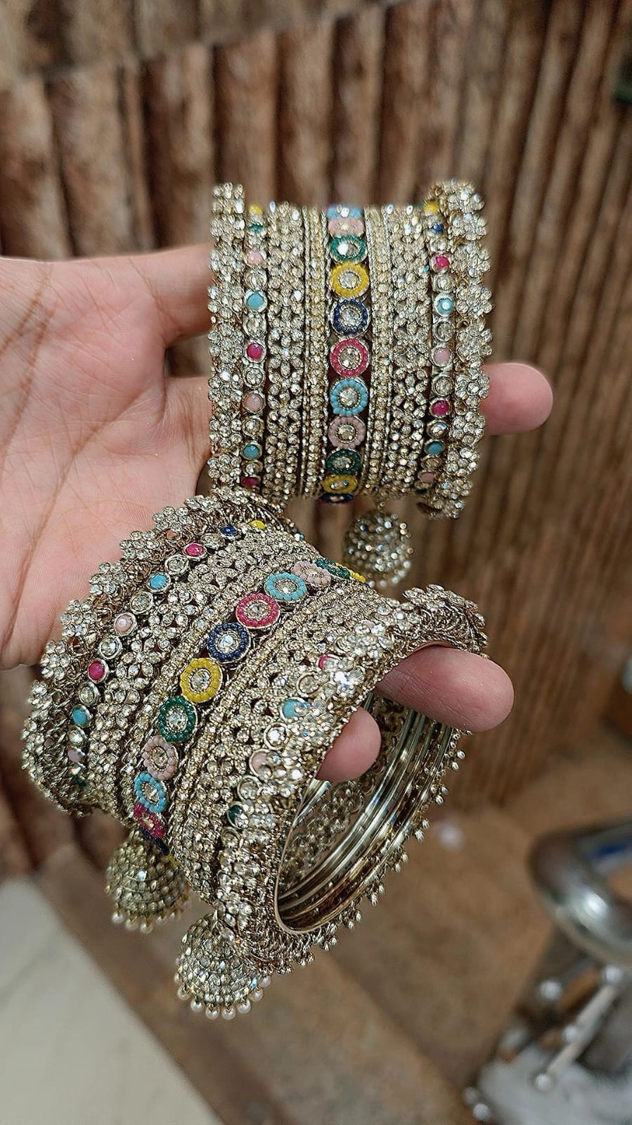 Indian Jhumki Brass Stones Bangle Set | Multi-Stone Bridal Bangles Set | Traditional Indian Jewellery by Libasaa