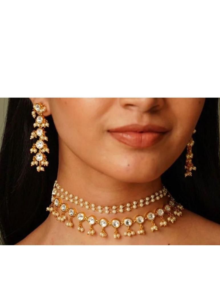 Stylish Layered Pearl Kundan Necklace Earrings Set, Layered Pearl Necklace Set, Indian Kundan Set, Pearl Bridal Earrings set, Bollywood Pearl Necklace, Pakistani Pearl Choker Set