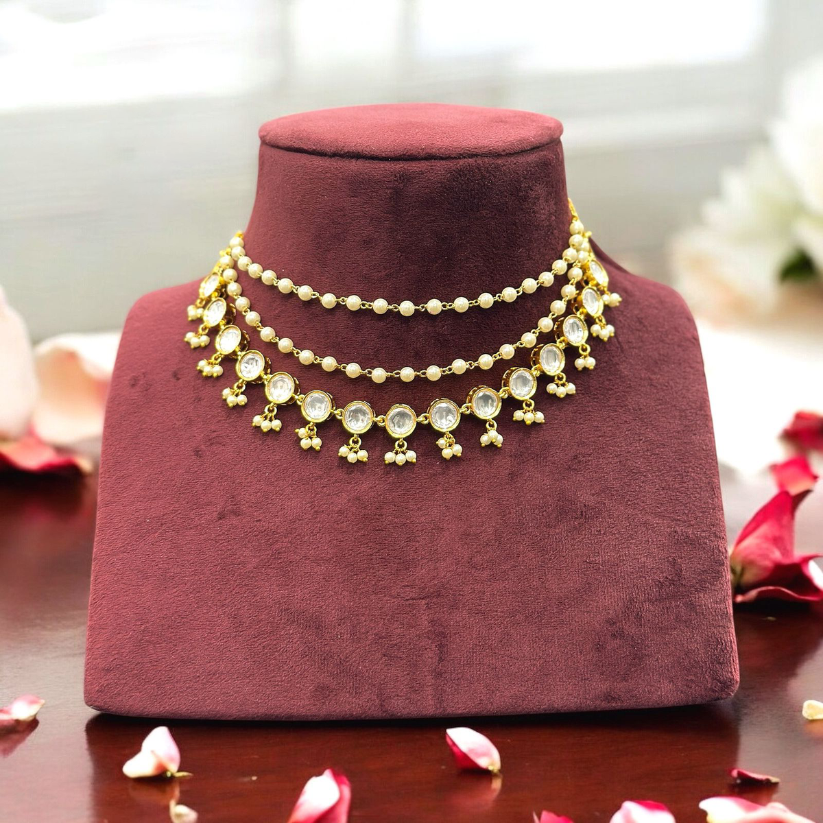 Stylish Layered Pearl Kundan Necklace Earrings Set, Layered Pearl Necklace Set, Indian Kundan Set, Pearl Bridal Earrings set, Bollywood Pearl Necklace, Pakistani Pearl Choker Set