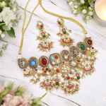 Multicolor Polki Floral Choker Earrings Set, Multicolor Polki Jewelry, Floral Polki Choker Earrings Set, Floral Jewellery, Polki Floral Necklace Set, Wedding Polki Jewelry Set, Polki Necklace, Polki Earrings, Bridal Polki Earrings, Indian Choker Set