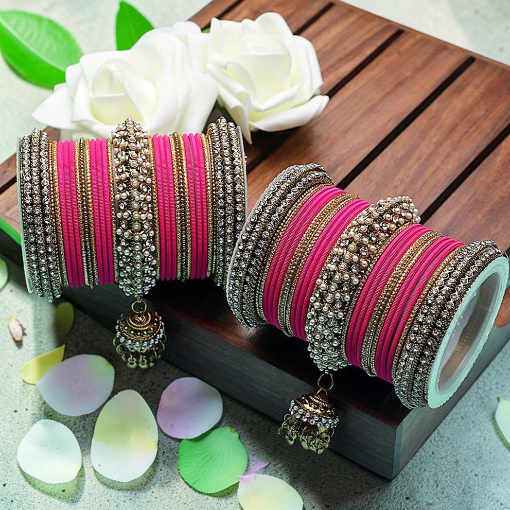 Bridal Bangles Set Jhumki Bangle Set Studded with Pearls Gold Plated Set Of 2 Traditional Wedding Chooda Set & Festive Jewellery for Women