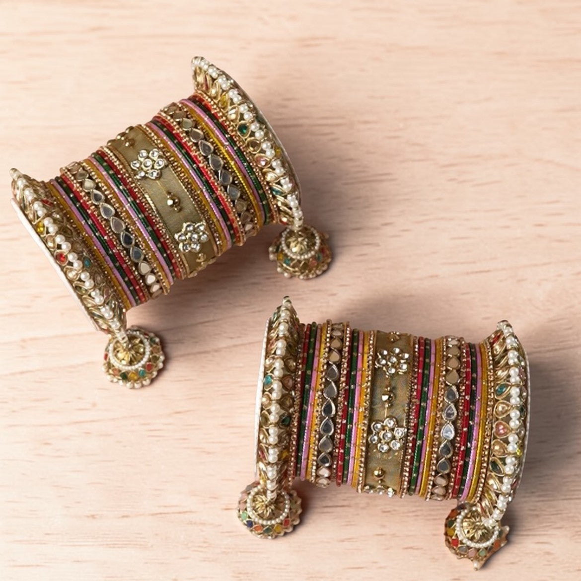 Multicoloured Jhumki Bangle with Jaaliwork Kada Set – Bridal Bangles Set, Gold Plated Traditional Wedding & Festive Jewellery for Women