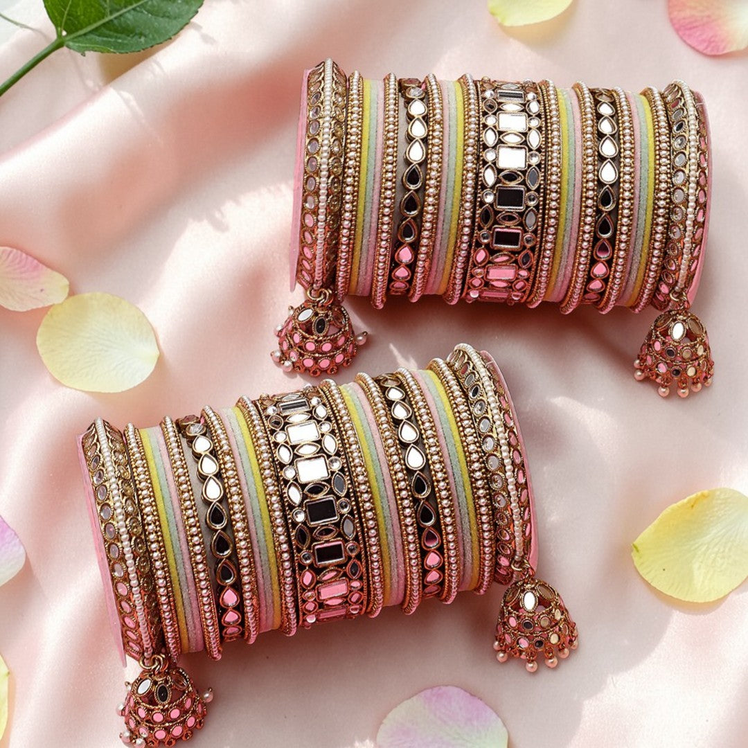 Designer Mirror & Velvet Bridal Bangle Set with Jhumki | Traditional Indian Wedding Chuda Set for Women