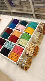 Velvet Glass Bangles Combo Box – 18 Dozen Velvet Bangles with Kundan Bangles, Lariya Moti Kada, Round Stone & Bindi Bangles | Bridal & Festive Wear Bangle Set