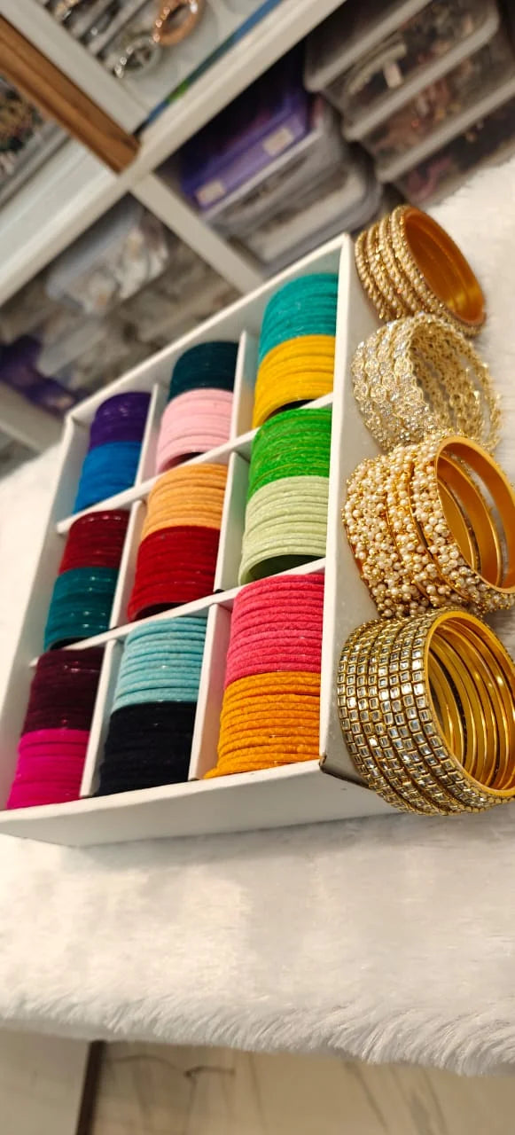 Velvet Glass Bangles Combo Box – 18 Dozen Velvet Bangles with Kundan Bangles, Lariya Moti Kada, Round Stone & Bindi Bangles | Bridal & Festive Wear Bangle Set