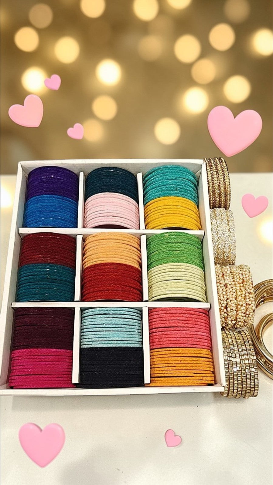 Velvet Glass Bangles Combo Box – 18 Dozen Velvet Bangles with Kundan Bangles, Lariya Moti Kada, Round Stone & Bindi Bangles | Bridal & Festive Wear Bangle Set