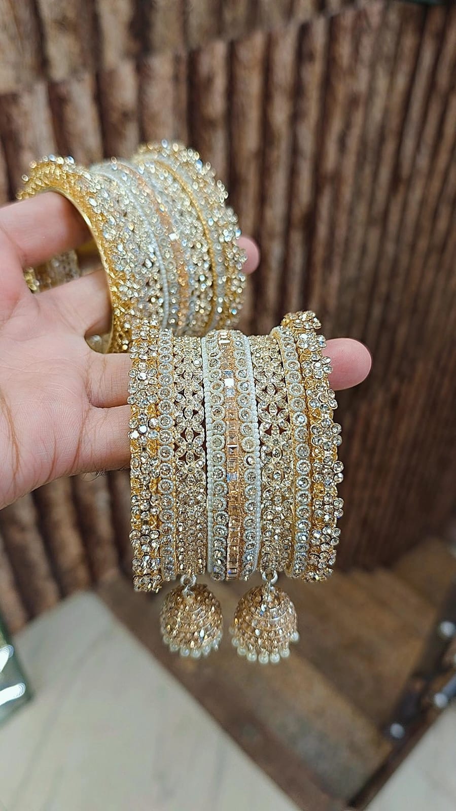 Golden Shadow Stone Bridal Bangles Set with Jhumki | Luxury Crystal Bangles Set for Women | Traditional Indian Wedding & Party Wear Kada Set