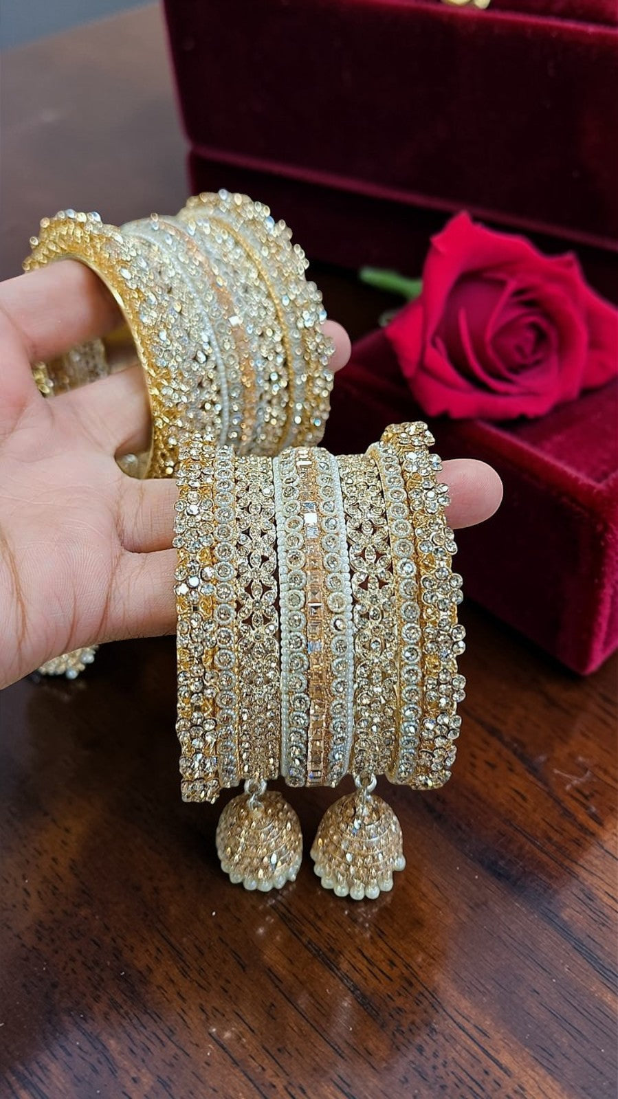 Golden Shadow Stone Bridal Bangles Set with Jhumki | Luxury Crystal Bangles Set for Women | Traditional Indian Wedding & Party Wear Kada Set